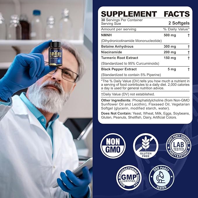 NAD+ Supplement, Next-Gen NMNH Liposomal 500mg, NR NMN Supplement Alternative, High Absorption NAD+ with Curcumin, Niacinamide for Cellular Energy, DNA Repair, Healthy Aging, 120 Softgels