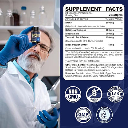 NAD+ Supplement, Next-Gen NMNH Liposomal 500mg, NR NMN Supplement Alternative, High Absorption NAD+ with Curcumin, Niacinamide for Cellular Energy, DNA Repair, Healthy Aging, 120 Softgels