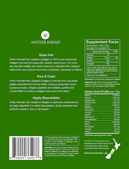 Antler Farms - 100% Pure New Zealand Collagen Powder from Grass Fed Cows, Unflavored, 1 lb - Hydrolyzed Cold Water Soluble Peptides, Keto Friendly, Bioavailable, Quick Dissolving