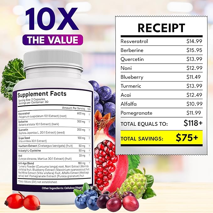 NEW AGE Resveratrol, Berberine, Grape Seed Extract, Quercetin - Polyphenol Supplement for Women and Men with Noni Extract, N-Acetyl Cysteine, Acai Extract - 60 Capsules