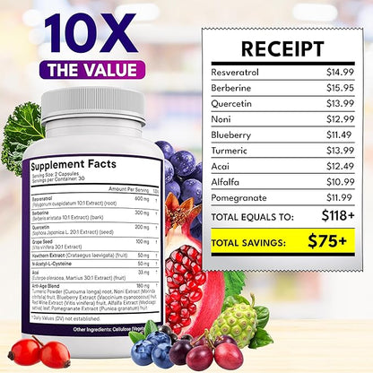 NEW AGE Resveratrol, Berberine, Grape Seed Extract, Quercetin - Polyphenol Supplement for Women and Men with Noni Extract, N-Acetyl Cysteine, Acai Extract - 60 Capsules