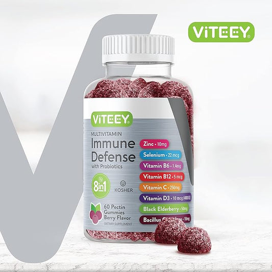 Viteey Multivitamin Gummies 8 in 1 Immune Support Supplement with Probiotics - Immune Boosters for Adults & Teens - Vegetarian, Gelatin Free, GMO Free - Chewable Berry Flavored Pectin Immune Defense