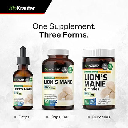 BIO KRAUTER Lions Mane Liquid Extract - Mushroom Supplement for Brain Support - Vegan Lions Mane Supplement - Alcohol & Sugar Free Drops - 2 Fl.Oz.