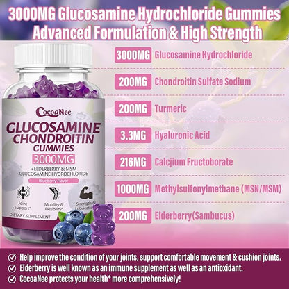 3 Packs 3000MG Glucosamine Chondroitin Gummies, Extra Strength Joint Support Supplement with MSM & Elderberry, Flexibility, Antioxidant Immune Support Gummy for Adults, Men & Women 180Cts
