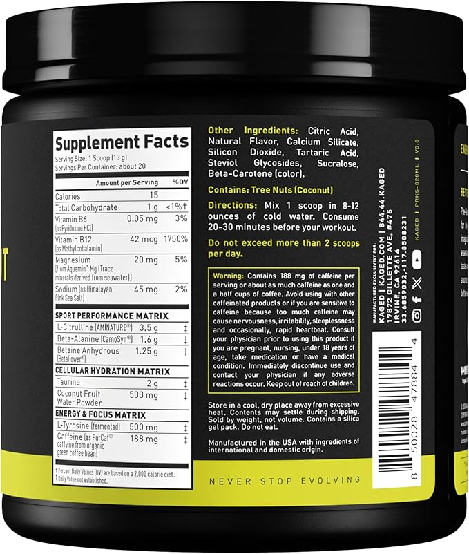 Kaged Sport Pre Workout Powder for Men & Women, Mango Lime, Sport Certified, 188mg Caffeine, Nitric Oxide Supplement, Beta Alanine for Energy, Weightlifting, Cardio Endurance & Strength, 20 Servings