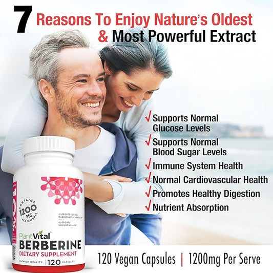 PlantVital Berberine 1200mg (2 caps) Non-GMO Supplement for Immunity Support and Normal Cardiovascular Health - 120 Count, Vegan, and Made in the USA
