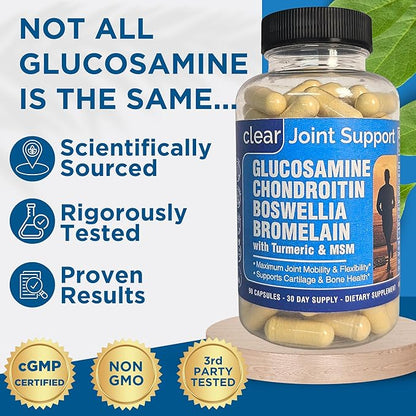 Glucosamine Chondroitin MSM with Turmeric 180 Capsules - Joint Supplements for Women & Men – with Boswellia, Quercetin – Clear Joint Support Supplement for Flexibility, Mobility, Cartilage Repair