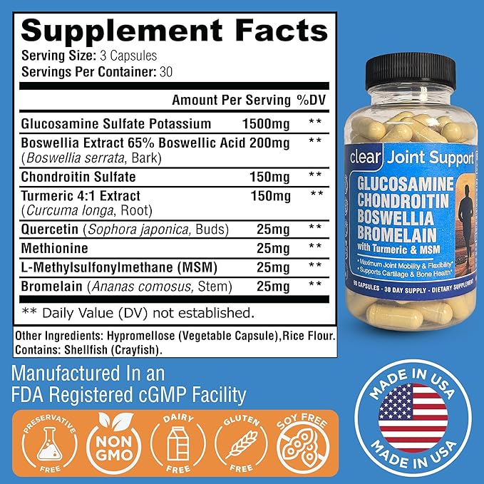Glucosamine Chondroitin MSM with Turmeric & Boswellia 90 Capsules | 8-in-1 Joint Support Supplement for Flexibility & Mobility | Joint Supplement for Men & Women – Support Back, Knee, Hips & Joints