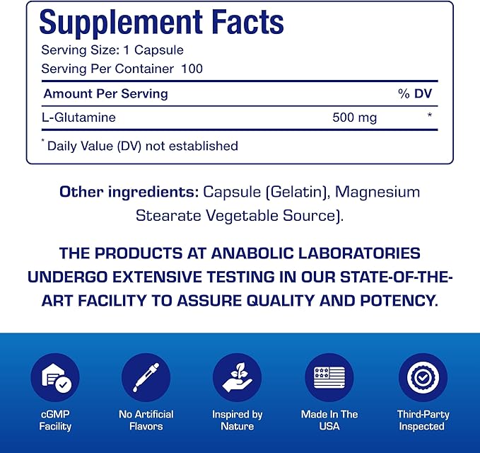 Free Form L-Glutamine Supplement - Clinical L Glutamine Capsules 500mg for Gut Health and Immune Support - Powerful Amino Acid Glutathione Precursor - Non-GMO & Made in The USA - 100 Servings