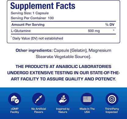 Free Form L-Glutamine Supplement - Clinical L Glutamine Capsules 500mg for Gut Health and Immune Support - Powerful Amino Acid Glutathione Precursor - Non-GMO & Made in The USA - 100 Servings