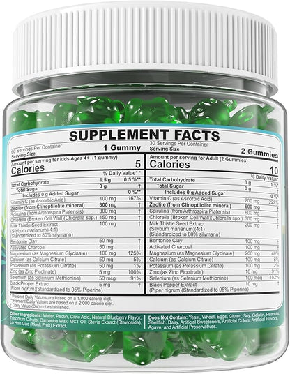 Zeolite Detox for kids & Adult-Sugar Free Zeolite Detox Gummies with Spirulina, Chlorella, Milk Thistle, Magnesium Glycinate, Calcium Citrate for Energy, Focus, Digestive, Immune, Antioxidant - 120Cts