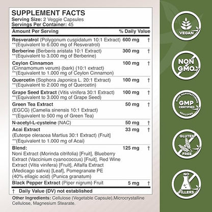 Gade Nutrition Resveratrol Berberine Quercetin Grape Seed Extract Green Tea Extract N-Acetyl Cysteine - 14 in 1 Complex Supplement for Women & Men with Potent Antioxidants - Made in USA