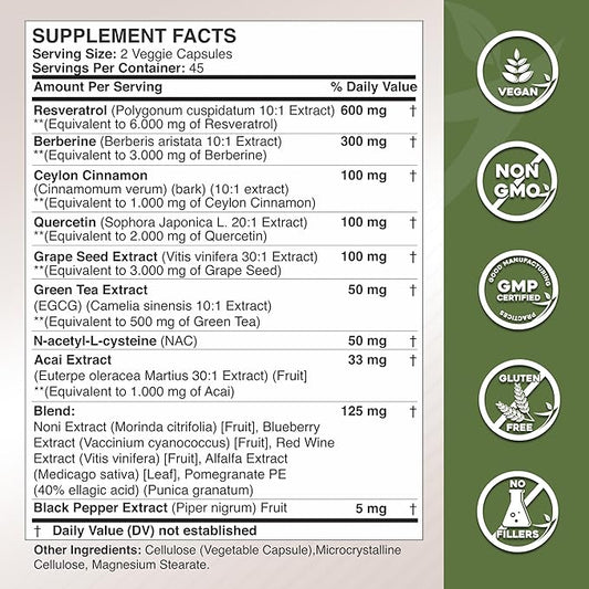 Gade Nutrition Resveratrol Berberine Quercetin Grape Seed Extract Green Tea Extract N-Acetyl Cysteine - 14 in 1 Complex Supplement for Women & Men with Potent Antioxidants - Made in USA