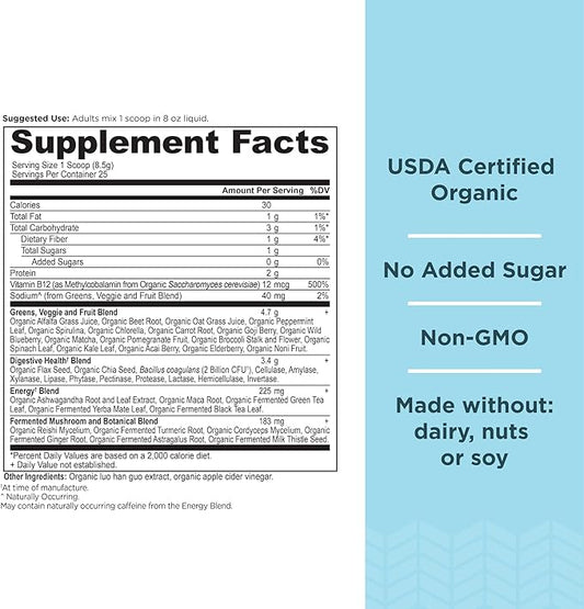 Organic SuperGreens Energizer Powder with Probiotics and B12 by Ancient Nutrition, Made from Real Fruits, Vegetables and Herbs, for Digestive, Detoxification and Energy Support, 25 Servings