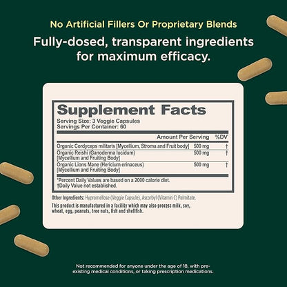 Genius Mushroom Supplement - Full-Spectrum Lion’s Mane, Cordyceps, Reishi -Daily Brain Nootropic for Energy, Focus, Memory & Overall Wellness - 180 Capsules – Organic for Mental Clarity & Performance