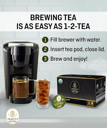 Green Tea & Ginger Tea Pods for Keurig - Caffeinated, Organic, Dye Free, Unsweetened, Herbal Blend for K Cup Machines - Hot or Iced (12 Tea Pods)