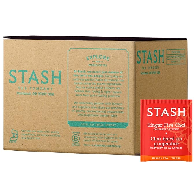 Stash Tea Ginger Fire Chai Herbal Tea - Caffeinated, Non-GMO Project Verified Premium Tea with No Artificial Ingredients, 100 Count (BULK PACKAGING)