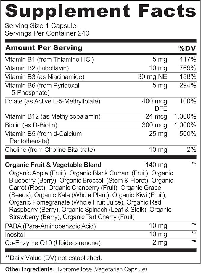 NATURELO Vitamin B Complex with Methyl B12, Methyl Folate, Vitamin B6, Biotin Plus Choline, CoQ10, and Fruit & Vegetable Blend - Supports Energy & Healthy Stress Response - Vegan - 240 Capsules