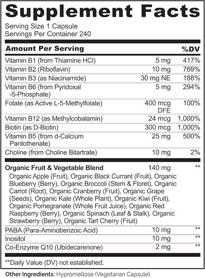 NATURELO Vitamin B Complex with Methyl B12, Methyl Folate, Vitamin B6, Biotin Plus Choline, CoQ10, and Fruit & Vegetable Blend - Supports Energy & Healthy Stress Response - Vegan - 240 Capsules