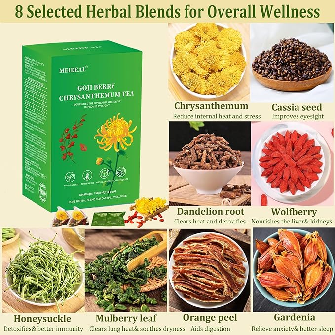 Goji Berry Chrysanthemum Tea for Liver Health, 8 Excellent Natural Herbal Formulas, Dandelion Wolfberry Tea Bags for Liver Detox, Vegan, No Sugar, No Caffeine (1 Box (15 bags*10g)