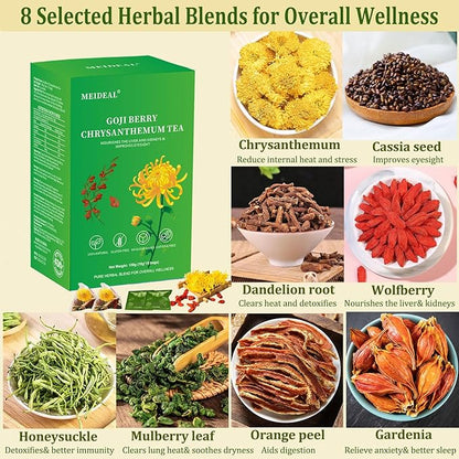 Goji Berry Chrysanthemum Tea for Liver Health, 8 Excellent Natural Herbal Formulas, Dandelion Wolfberry Tea Bags for Liver Detox, Vegan, No Sugar, No Caffeine (1 Box (15 bags*10g)