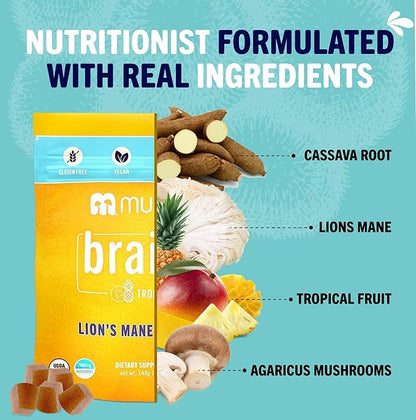 Mushie 100% Organic Lion’s Mane Mushroom Gummies - 2000mg (75mg A & B-Glucans) for Brain Health, Focus & Memory - 60 Organic Lions Mane Gummies for Adults & Kids