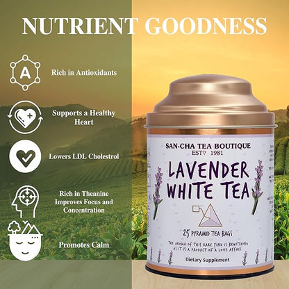 Sancha Tea Boutique Lavender White Tea | Hand Rolled Himalayan White Tea with Silver Needles | 25 Pyramid Bags | Relaxing & Calming Floral Blend