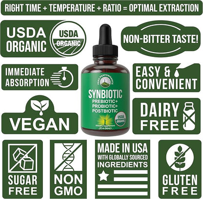 Organic Synbiotic = Prebiotics + Probiotics + Postbiotics 3-in-1 Supplement for Women, Men, & Kids. Pre, Pro, & Post Biotics Liquid Drops for Gut + Microbiome Balance. Made in USA, Vegan, Zero Sugar