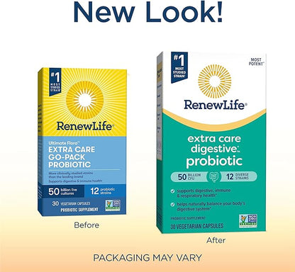 Renew Life Extra Care Go-Pack Probiotic Capsules, Daily Supplement Supports Immune, Digestive and Respiratory Health, L. Rhamnosus GG, Dairy, Soy and gluten-free, 50 Billion CFU, 30 Ct