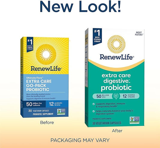 Renew Life Extra Care Go-Pack Probiotic Capsules, Daily Supplement Supports Immune, Digestive and Respiratory Health, L. Rhamnosus GG, Dairy, Soy and gluten-free, 50 Billion CFU, 30 Ct