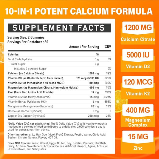 Calcium 1200 mg with Vitamin D3 Supplement for Adults - Calcium Gummies with 5000iu Vitamin D3, K2, B6, B12, Magnesium & Zinc - Calcium Supplement for Women Men - Easy to Digest, Vegan