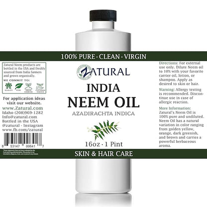 Zatural Organically Grown Neem Seed Oil 100% Pure Cold Pressed for Hair, Skin, Nails, Garden & Pets (16oz)