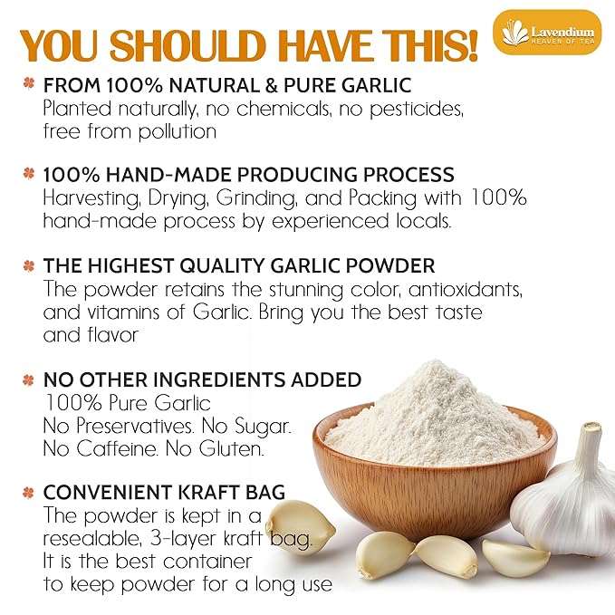 Lavendium, Premium 25oz Garlic Powder, 100% Natural and Pure from Garlic, Rich Flavor, Perfect for Cooking & Seasoning, No Additives, No Gluten, No Sugar, Vegan