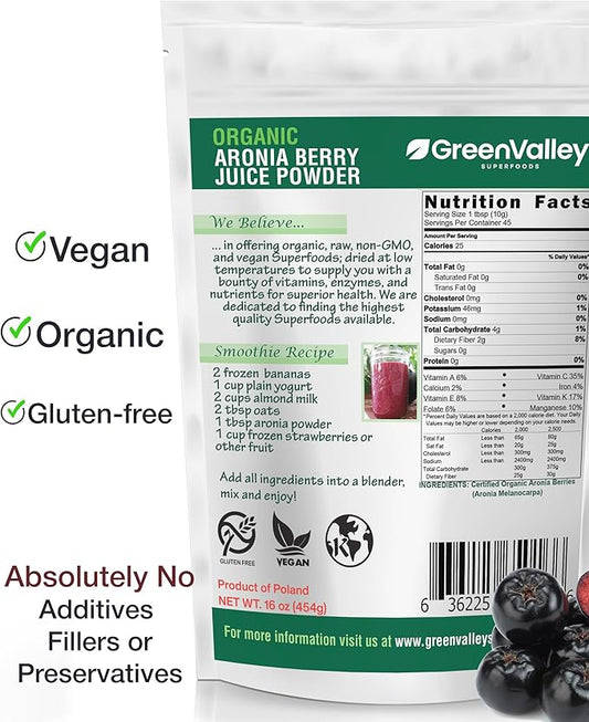 Green Valley Superfoods Organic Aronia Berry Juice Powder, Chokeberry, Antioxidant Rich Anthocyanins (1 Pound)