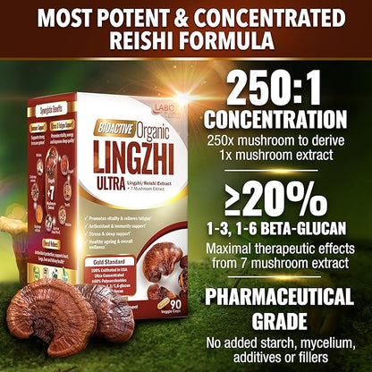 LABO Nutrition Bioactive Organic Lingzhi Reishi Ultra 7 Mushroom Extract Supplement Reishi Cordyceps Maitake Turkey Tail Agaricus blazei Murill Shiitake for Immune Support, Vitality, USDA Organic