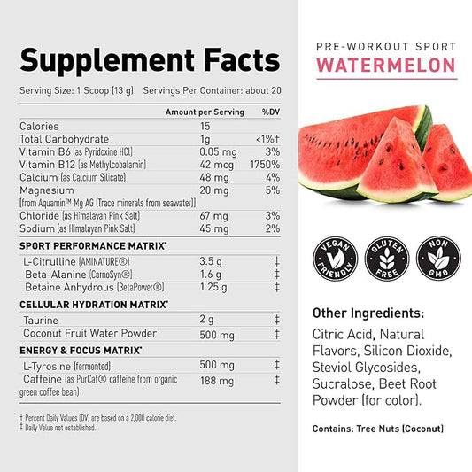 Kaged Sport Pre Workout Powder for Men & Women, Watermelon, Sport Certified, 188mg Caffeine, Nitric Oxide Supplement, Beta Alanine for Energy, Weightlifting, Cardio Endurance & Strength, 20 Servings