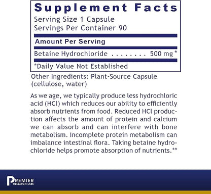 Premier Research Labs Premier HCL - Betaine HCL, Betaine Hydrochloride Supplement for Optimal Digestive Function, Nutrient Absorption, Betaine-HCL for Low Stomach Acid- 90 Vegetarian Capsules