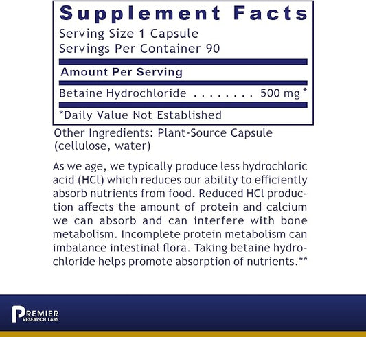 Premier Research Labs Premier HCL - Betaine HCL, Betaine Hydrochloride Supplement for Optimal Digestive Function, Nutrient Absorption, Betaine-HCL for Low Stomach Acid- 90 Vegetarian Capsules