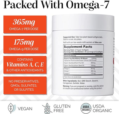sibu Sea Buckthorn Omega-7 Softgels Starter Kit (60ct, 30 Day Supply) – Supplement for Healthy Skin, Hair, Nails and Dryness