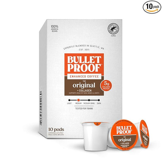 Bulletproof Coffee + Collagen Single-Serve Coffee Pods, 10 Count, 100% Arabica Beans, Clean Coffee Tested for Toxins, Packaging May Vary