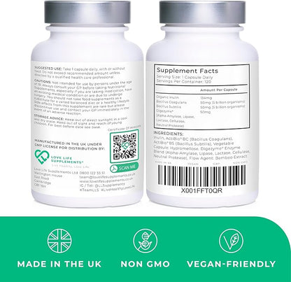 MultiSpore® Plus (Bacillus Coagulans & Bacillus Subtilis) Spore Based Probiotic | 120 Capsules - 4 Month Supply | Bloating Relief/Gut Health | Includes Digestive Enzymes & Prebiotic Inulin | UK Made