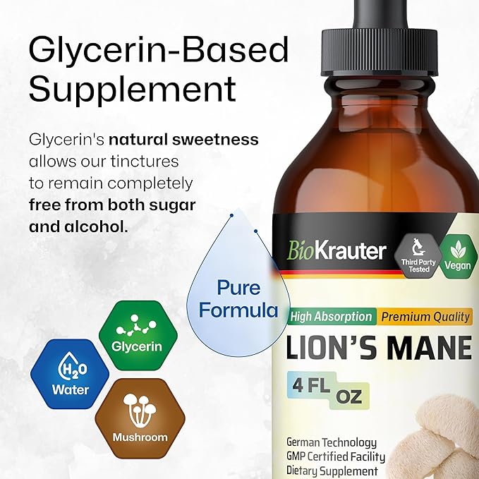 BIO KRAUTER Lions Mane Liquid Extract - Mushroom Supplement for Brain Support - Vegan Lions Mane Supplement - Alcohol & Sugar Free Drops - 4 Fl.Oz.