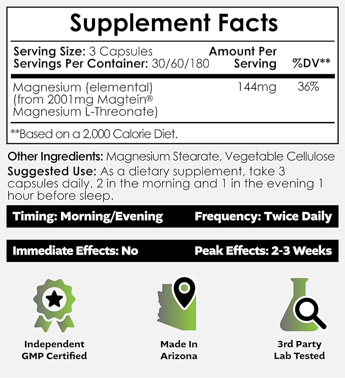 Nootropics Depot Magtein Magnesium L-Threonate Capsules | 90 Count | Mineral Supplement | Natural | Supports Mitochondrial Function | Boosts Energy and Cognitive Function