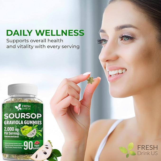 FRESHDRINKUS, Premium 90 Soursop Graviola Gummies, 2000mg per Serving, 45 Days Supply – 100% from Natural Soursop Graviola Leaves Extract, Vegan, Non-GMO, Gluten-Free (90 Gummies)