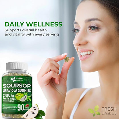 FRESHDRINKUS, Premium 90 Soursop Graviola Gummies, 2000mg per Serving, 45 Days Supply – 100% from Natural Soursop Graviola Leaves Extract, Vegan, Non-GMO, Gluten-Free (90 Gummies)