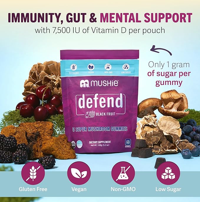 Mushie 100% Organic 5 Super Mushroom Complex Gummies - 2000mg Reishi, Turkey Tail, Maitake, Chaga & Shiitake Blend - Gut Health & Immune Support with Vitamin D - Vegan, Gluten-Free - 60 Count