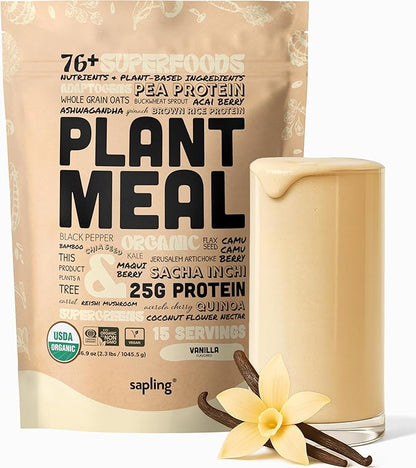 Plant Meal Replacement Shake - Vanilla - 25g of Plant Based Vegan Protein Powder, 76+ Organic Superfoods, Vitamins & Minerals, Mushrooms, Super Greens, Digestive Enzymes & Probiotics - 15 Servings