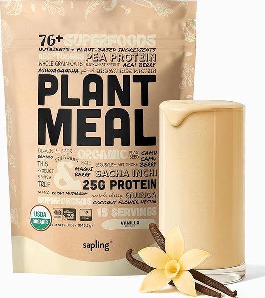 Plant Meal Replacement Shake - Vanilla - 25g of Plant Based Vegan Protein Powder, 76+ Organic Superfoods, Vitamins & Minerals, Mushrooms, Super Greens, Digestive Enzymes & Probiotics - 15 Servings