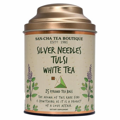 Sancha Tea Boutique Tulsi White Tea | 25 Pyramid Bags | Indian Holy Basil Leaves with Silver Needle White Tea | Rich in Antioxidants & Wellness