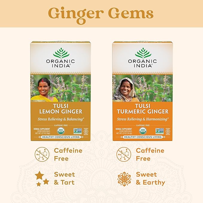 ORGANIC INDIA Tulsi Lemon Ginger Tea Bags - Herbal Tea, Stress Relieving & Reviving, Immune Support, Aids Digestion, Vegan, USDA Certified Organic, Non-GMO, Caffeine-Free - 18 Infusion Bags, 1 Pack